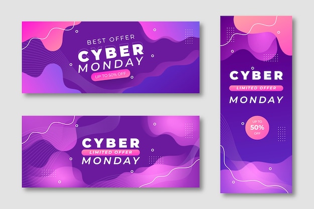 Vetor grátis conjunto de banners gradientes de cyber segunda-feira