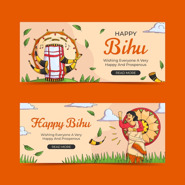 Conjunto de banners horizontais bohag bihu desenhados à mão