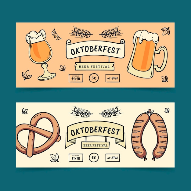 Conjunto de banners horizontais da Oktoberfest desenhados à mão