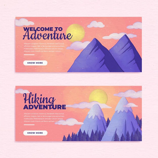 Conjunto de banners horizontais de aventura em aquarela