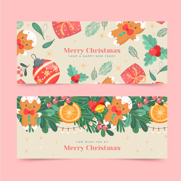 Conjunto de banners horizontais de boas festas desenhados à mão