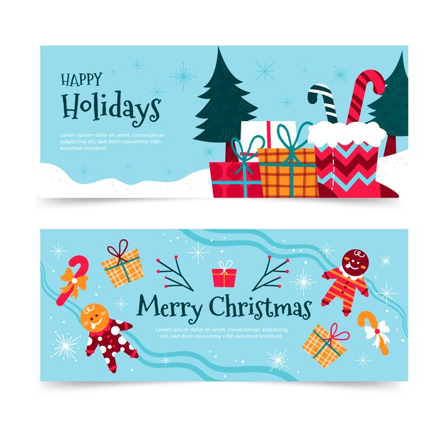 Conjunto de banners horizontais de boas festas desenhados à mão
