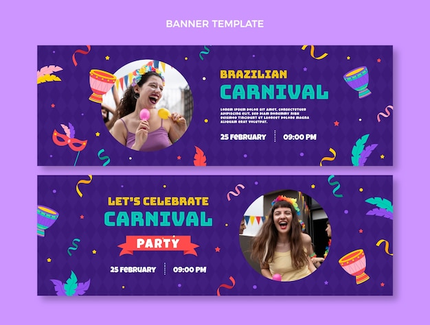 Vetor grátis conjunto de banners horizontais de carnaval desenhados à mão