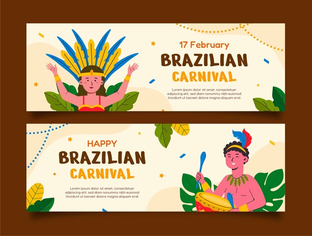 Vetor grátis conjunto de banners horizontais de celebração de carnaval brasileiro plano