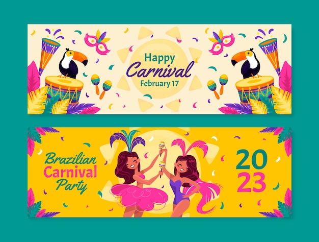 Conjunto de banners horizontais de celebração de carnaval brasileiro plano