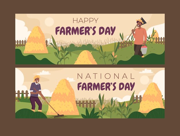 Conjunto de banners horizontais de celebração do dia do agricultor plano