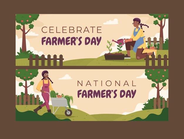 Conjunto de banners horizontais de celebração do dia do agricultor plano
