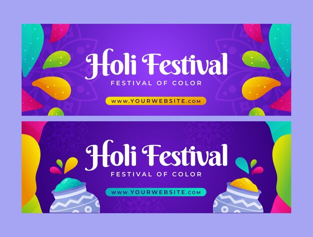 Conjunto de banners horizontais de celebração do festival holi gradiente