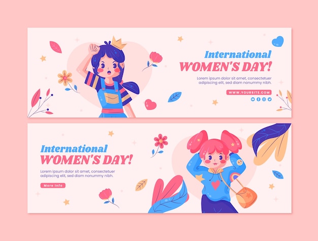 Conjunto de banners horizontais de celebração plana do dia da mulher