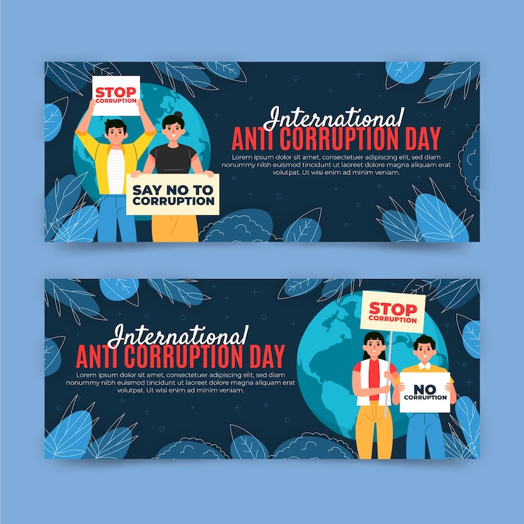 Vetor grátis conjunto de banners horizontais de dia anti-corrupção desenhados à mão