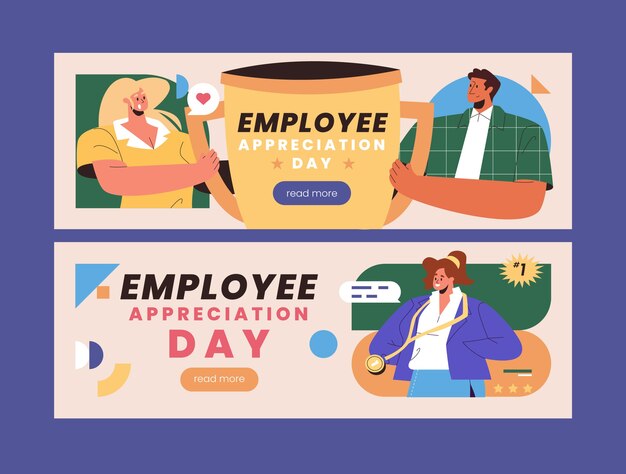 Conjunto de banners horizontais de dia de apreciação de funcionário plano