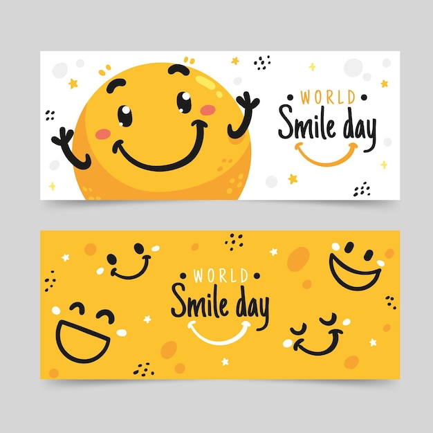 Conjunto de banners horizontais de dia de sorriso do mundo plano desenhado à mão