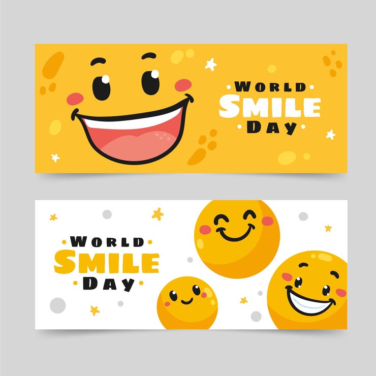 Vetor grátis conjunto de banners horizontais de dia de sorriso do mundo plano desenhado à mão