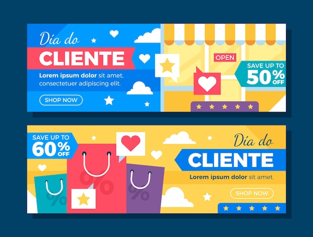 Conjunto de banners horizontais de dia do cliente plano