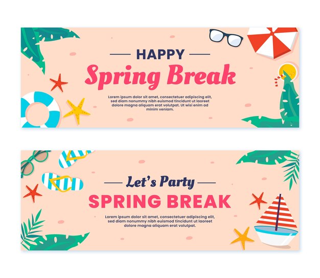 Conjunto de banners horizontais de férias de primavera plana