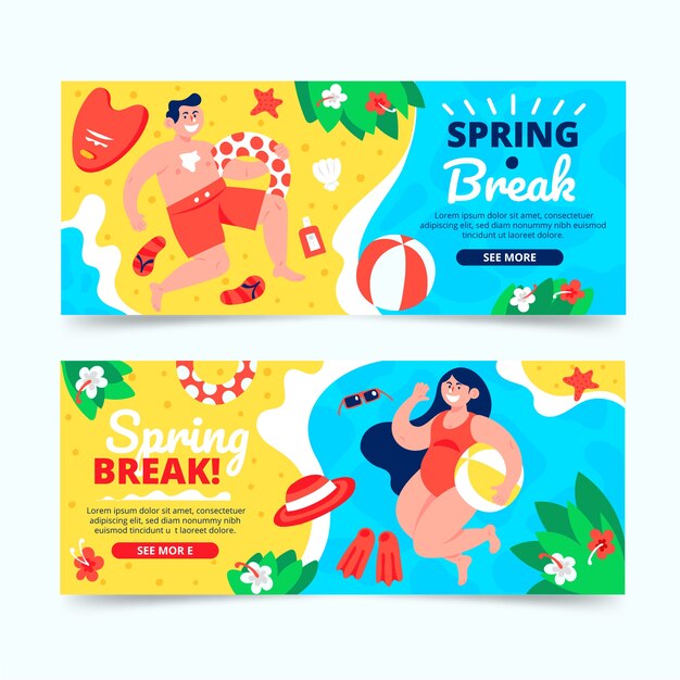 Conjunto de banners horizontais de férias de primavera plana