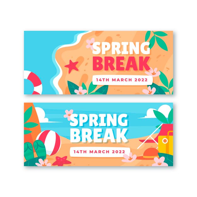 Conjunto de banners horizontais de férias de primavera plana