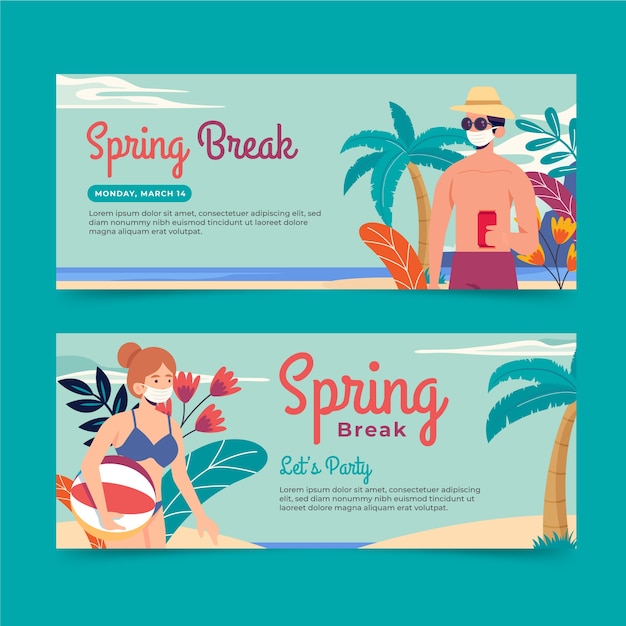 Conjunto de banners horizontais de férias de primavera plana