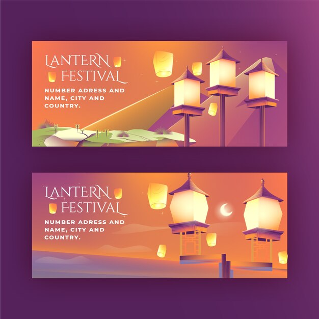 Conjunto de banners horizontais de festival de lanternas gradientes