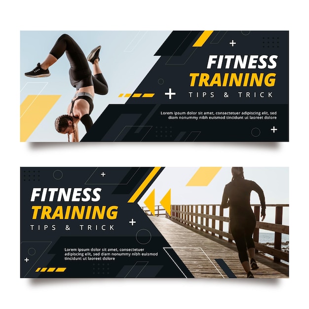 Vetor grátis conjunto de banners horizontais de fitness plano