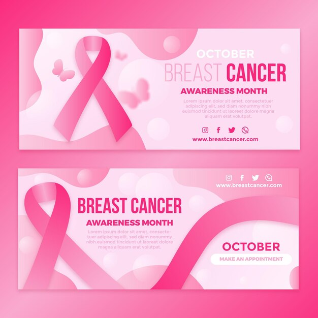 Conjunto de banners horizontais de gradiente para o mês de conscientização do câncer de mama