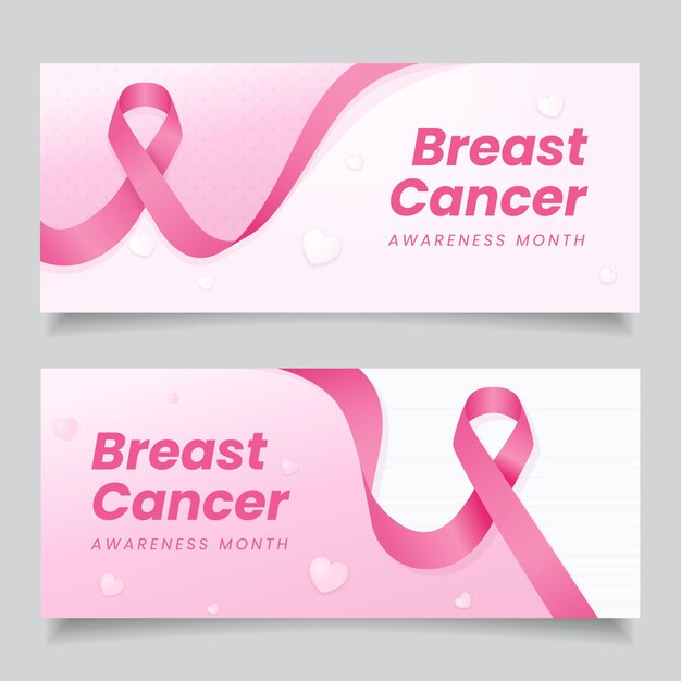 Conjunto de banners horizontais de gradiente para o mês de conscientização do câncer de mama