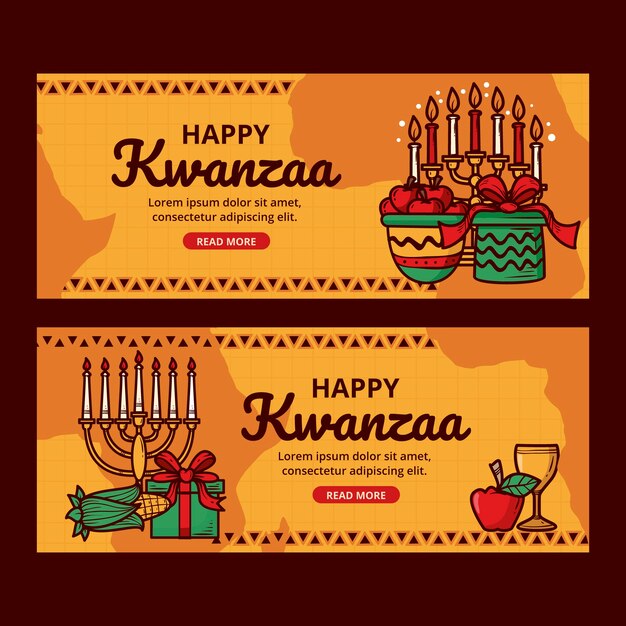 Conjunto de banners horizontais de kwanzaa desenhados à mão