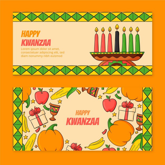 Conjunto de banners horizontais de kwanzaa desenhados à mão