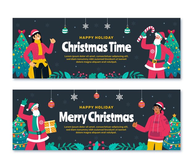 Conjunto de banners horizontais de Natal desenhados à mão
