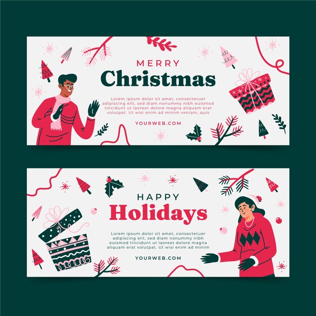 Conjunto de banners horizontais de Natal desenhados à mão