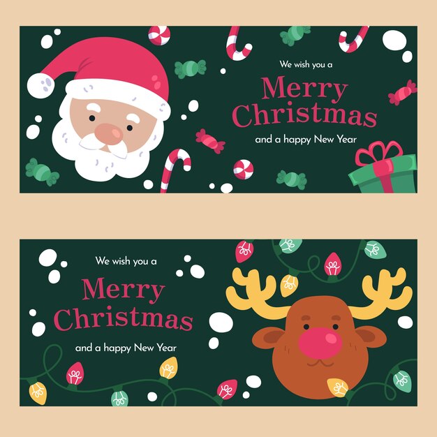 Conjunto de banners horizontais de Natal desenhados à mão