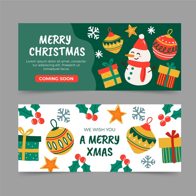 Vetor grátis conjunto de banners horizontais de natal desenhados à mão