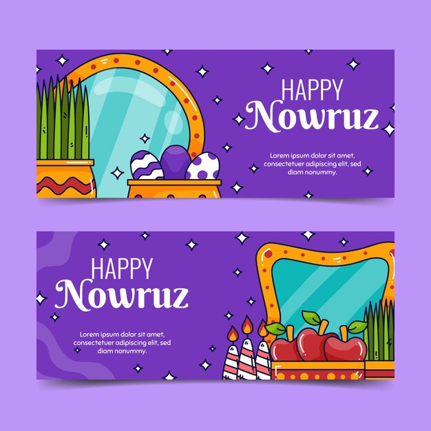 Conjunto de banners horizontais de nowruz felizes desenhados à mão