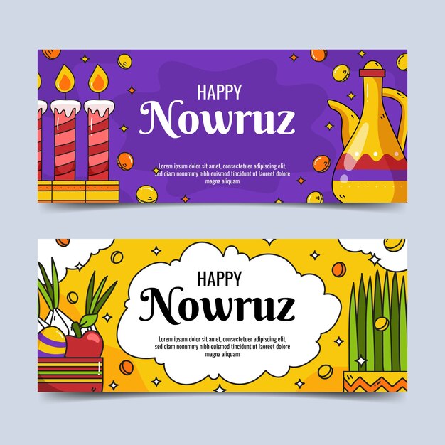 Conjunto de banners horizontais de nowruz felizes desenhados à mão