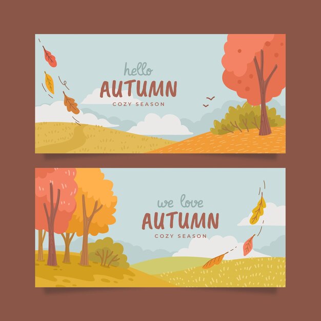 Conjunto de banners horizontais de outono desenhados à mão