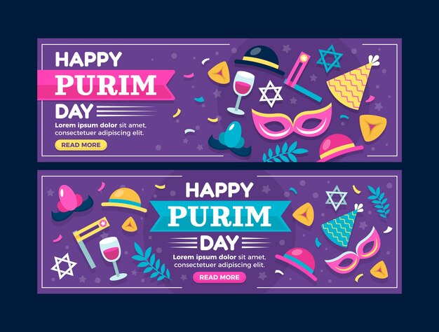 Conjunto de banners horizontais de purim plano