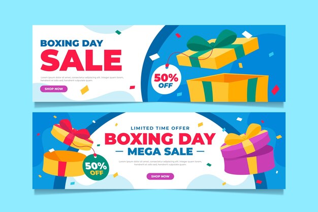Conjunto de banners horizontais de venda de boxe plano desenhado à mão