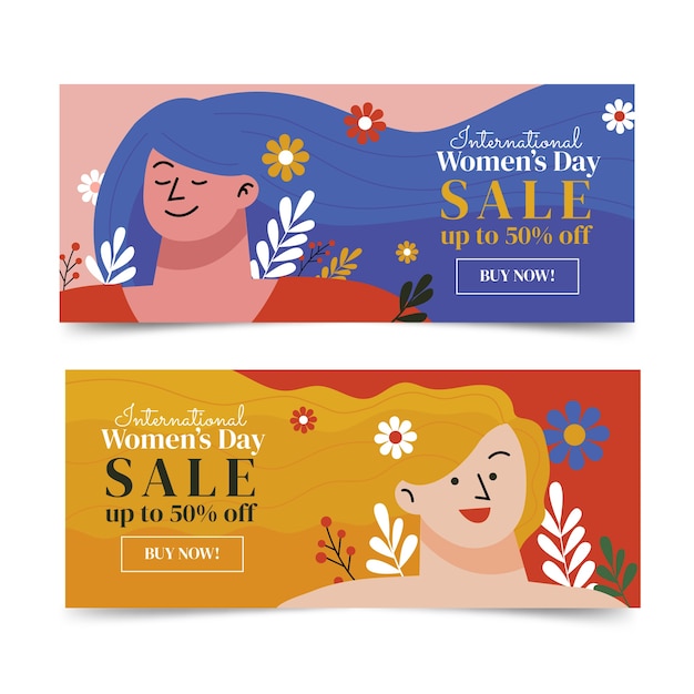 Conjunto de banners horizontais de venda de dia internacional da mulher plana