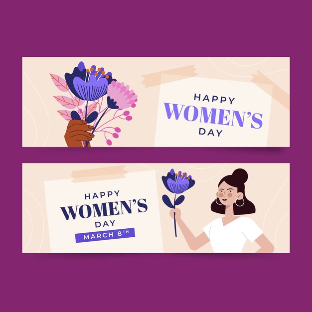 Conjunto de banners horizontais de venda de dia internacional da mulher plana