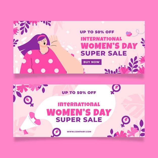Conjunto de banners horizontais de venda de dia internacional da mulher plana