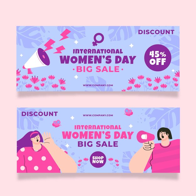 Conjunto de banners horizontais de venda de dia internacional da mulher plana