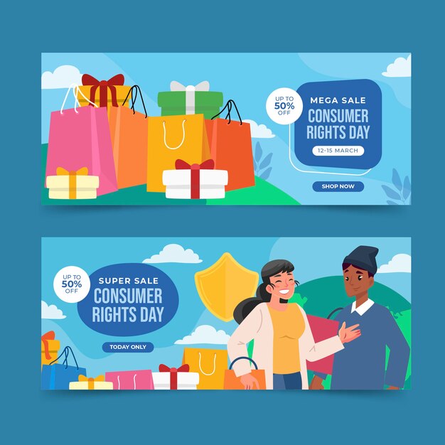 Conjunto de banners horizontais de venda de dia mundial dos direitos do consumidor plano