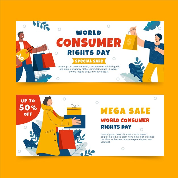 Conjunto de banners horizontais de venda de dia mundial dos direitos do consumidor plano