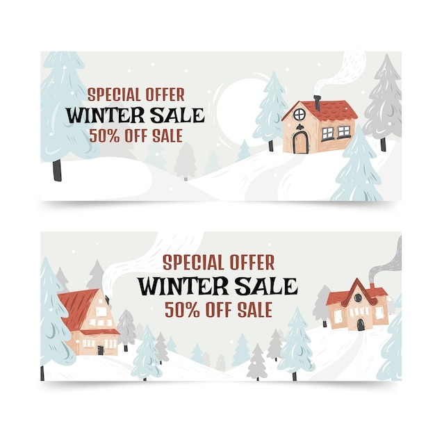 Vetor grátis conjunto de banners horizontais de venda de inverno desenhados à mão