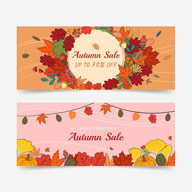 Conjunto de banners horizontais de venda de outono desenhados à mão