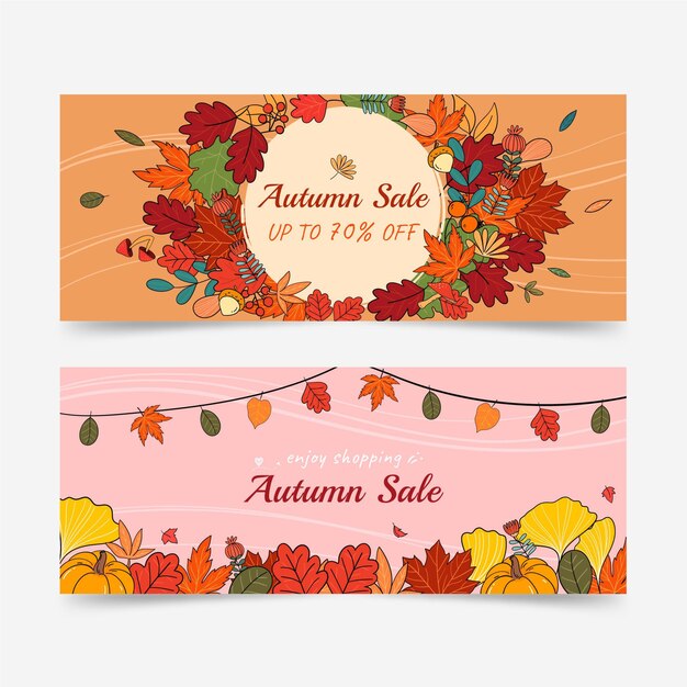 Conjunto de banners horizontais de venda de outono desenhados à mão
