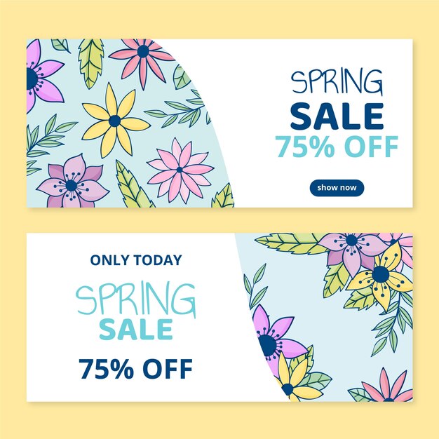 Conjunto de banners horizontais de venda de primavera desenhados à mão