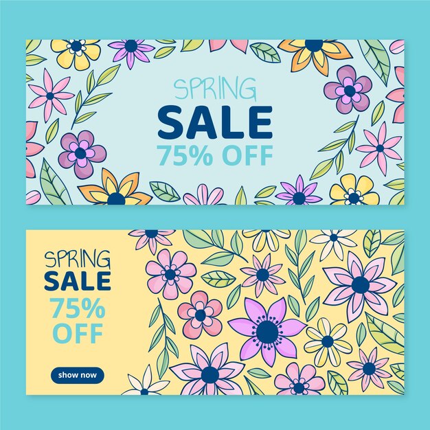 Conjunto de banners horizontais de venda de primavera desenhados à mão