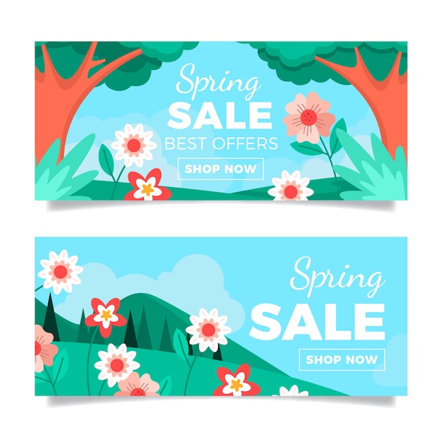 Conjunto de banners horizontais de venda de primavera plana