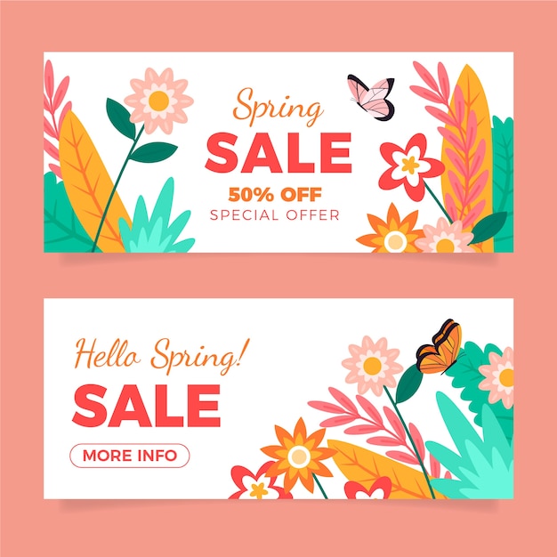 Vetor grátis conjunto de banners horizontais de venda de primavera plana
